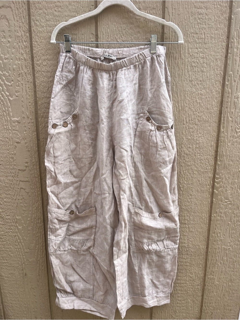 Meo Meli Made in Italy Women's Natural Linen Cropped Cargo Pants Drawstring